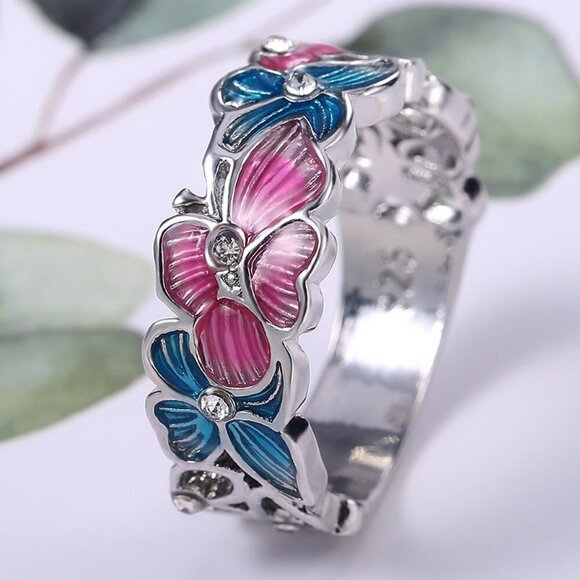 Beautiful Eternity Anillos Colorful Flower Butterfly Rings for Women, PD113 - Picture 5 of 7